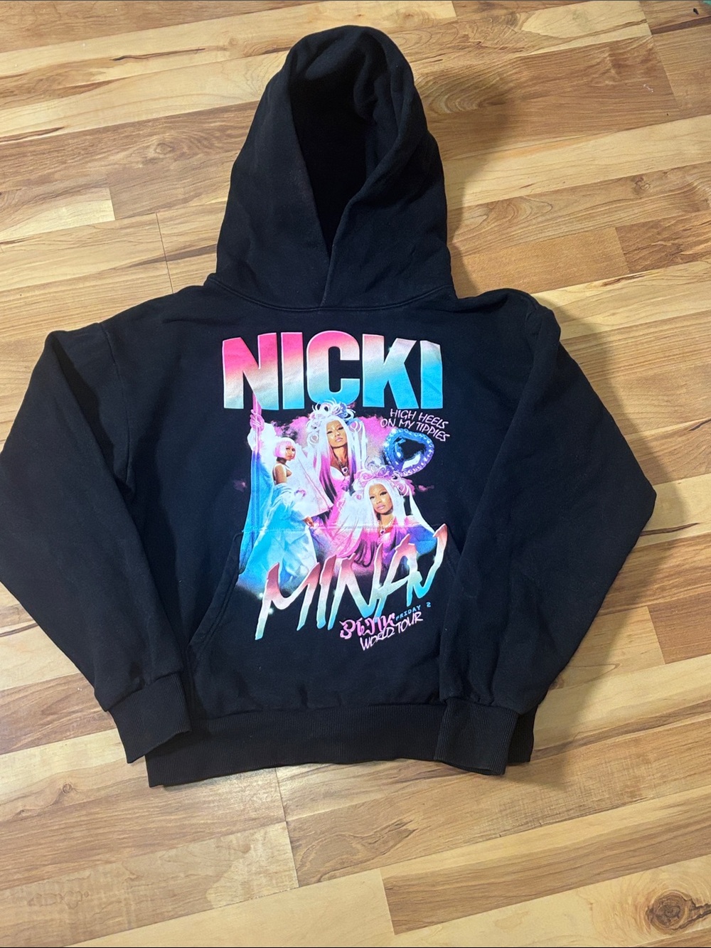 Nicki Minaj Black Graphic Pullover Hoodie with Pink & Blue Design